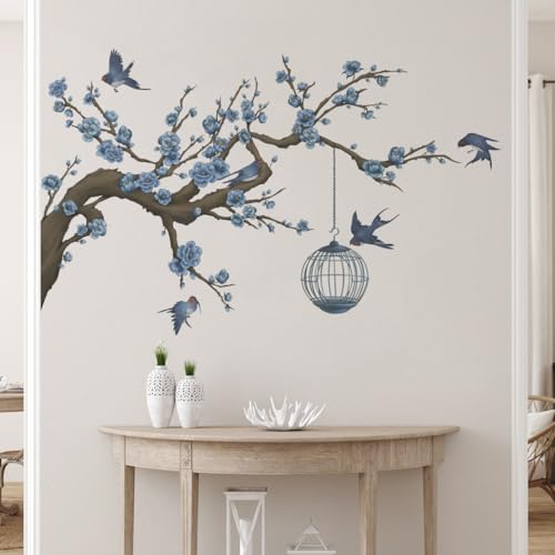 Runtoo Wandtattoo Baum Ast Wandsticker Blumen Blüten Blau Vögel Wandaufkleber Wohnzimmer Schlafzimmer Kinderzimmer Babyzimmer Wanddeko von Runtoo