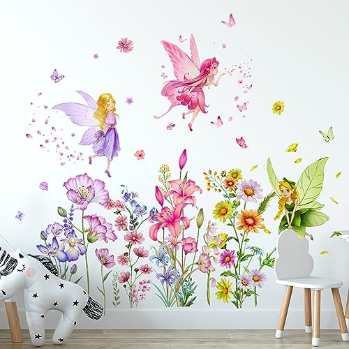 Runtoo Wandtattoo Blumenfee Wandsticker Blumen Groß Märchen Schmetterling Wandaufkleber Kinderzimmer Babyzimmer Mädchen Wanddeko von Runtoo