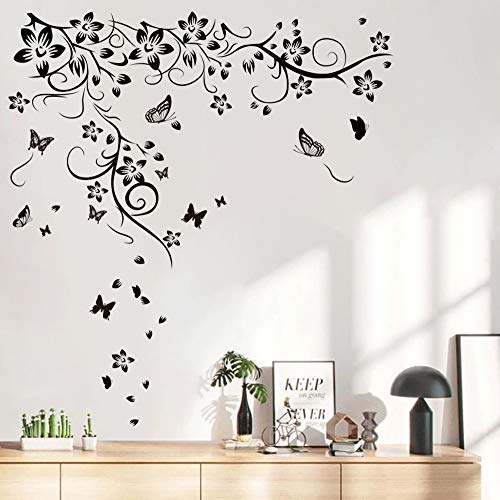 Runtoo Wandtattoo Blumenranke Wandsticker Schmetterling Schwarz Wandaufkleber Wohnzimmer Schlafzimmer Kinderzimmer von Runtoo