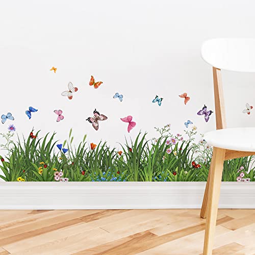 Runtoo Wandtattoo Bordüre Grün Gras Wandsticker Blumenwiese Schmetterlinge Wandaufkleber Wohnzimmer Schlafzimmer Kinderzimmer Babyzimmer Flur Wanddeko von Runtoo