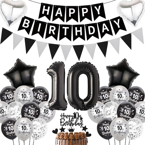 10. Geburtstag Junge Schwarz Silber Luftballons - Happy Birthday Banner Wimpel Girlande XXL Zahlenballons Konfetti Luftballons Tortendeko, Herzen Sterne Folienballon für Mädchen 10. Geburtstagsdeko 10. Geburtstag Junge Schwarz Silber Luftballons - Happy Birthday Banner Wimpel Girlande XXL Zahlenballons Konfetti Luftballons Tortendeko, Herzen Sterne Folienballon für Mädchen 10. Geburtstagsdeko von Runyuzi