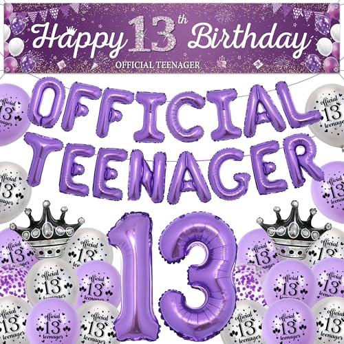 Offizielle Teenager 13 Geburtstag Deko Ballon für Mädchen, Lila Happy 13. Birthday Hintergrund Banner, Offizielle Teenager und Zahl 13 Folienballons für Kinder Geburtstagsdeko Party von Runyuzi