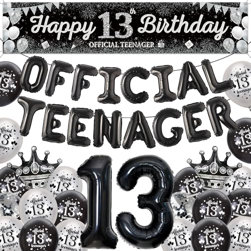 Offizielle Teenager 13 Geburtstag Deko Ballon für Junge, Schwarz Happy 13. Birthday Hintergrund Banner, Offizielle Teenager und Zahl 13 Folienballons für Mädchen Kinder Geburtstagsdeko Party von Runyuzi