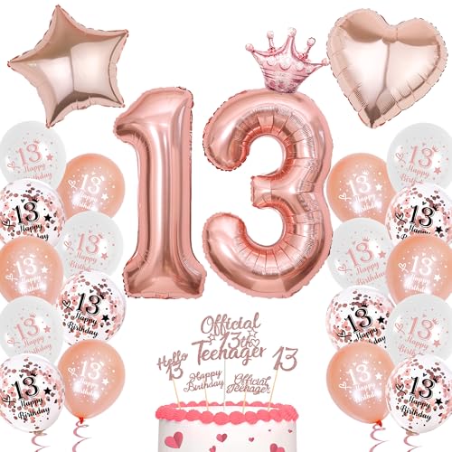 13. Geburtstag Rosegold Luftballon Mädchen - 28 Stücke offizielle Teenager 13. Geburtstag Deko Nummer 13 Luftballons Herz Stern Folienballon 13. Tortendeko für Mädchen 13. Geburtstag Party Deko von Runyuzi