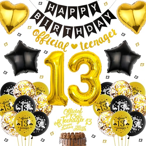 13. Geburtstag Deko Schwarz Gold - 66 Stück Teenager Zahlen 13 Folienballon HAPPY BIRTHDAY Banner OFFICIAL TEENAGER Banner Herzballon für Jungen Mädchen von Runyuzi