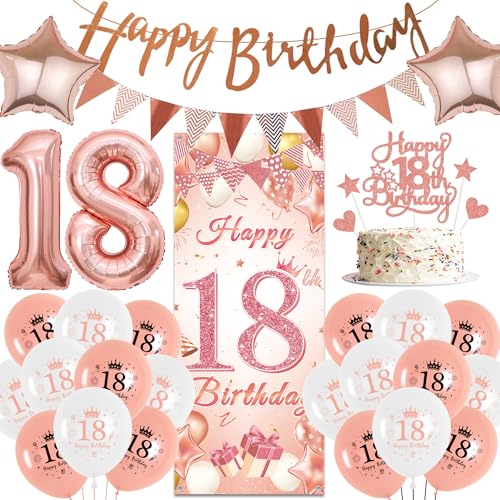 Deko 18. Geburtstag Mädchen - Roségold Geburtstagsdeko mit Lange Happy 18. Birthday Banner Wimpel, XXL Zahl 18 Ballons Kuchen Deko für Frauen Geburtstagsparty von Runyuzi