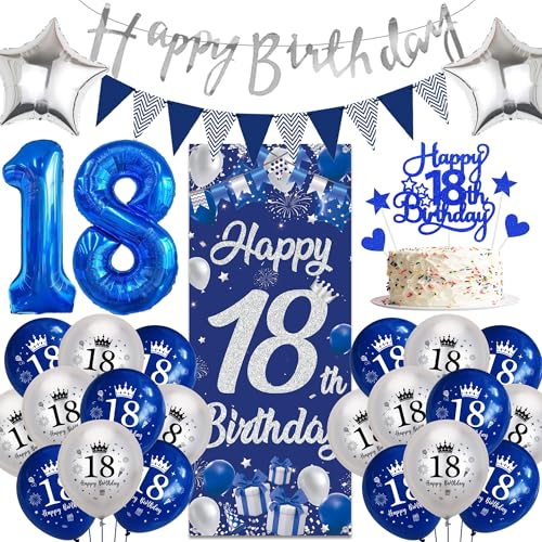 Deko 18. Geburtstag Junge Mädchen - Blau Silber Geburtstagsdeko mit Lange Happy 18. Birthday Banner Wimpel, XXL Zahl 18 Ballons Kuchen Deko für Frauen Männer Geburtstagsparty von Runyuzi