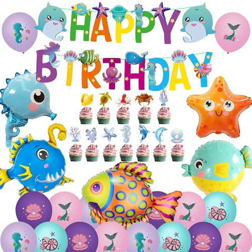 50 Stück Unterwasserwelt Kindergeburtstag Deko - Ozean Tiere Geburtstagslied, Happy Birthday Banner, Meerestiere Deko, Meerestier Ballons, Unterwasserwelt Party Geburtstag Party für Jungen Mädchen 50 Stück Unterwasserwelt Kindergeburtstag Deko - Ozean Tiere Geburtstagslied, Happy Birthday Banner, Meerestiere Deko, Meerestier Ballons, Unterwasserwelt Party Geburtstag Party für Jungen Mädchen von Runyuzi