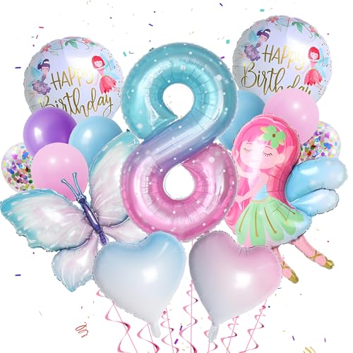 8 Jahre Schmetterling Geburtstag Deko - 15 Stück Mädchen Zahlen 8 Folienballon Luftballon Fee Ballon Farbverlauf Herzballon für 8. Geburtstag von Runyuzi