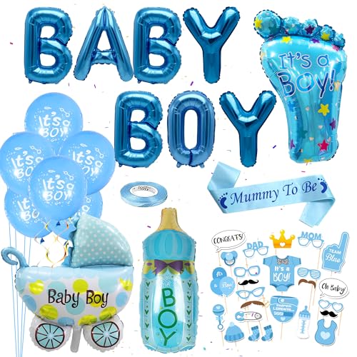 Party Dekoration Junge Blau - 46 Stück Baby Shower Deko, Banner, Folienballons, Fußfolienballons, Babyflasche, Mummy to Be Sash, Photo Props für Boy Gender Reveal Babyparty von Runyuzi
