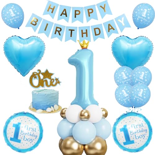 Blau 1. Geburtstag Deko Junge - 47 Stück 1. Geburtstagsdeko, Happy Birthday Banner, Blaue Krone Zahl 1 Ballons, Kuchendekoration, Blauer Liebesfolienballon für Jungen Kindergeburtstag Babyparty Deko Blau 1. Geburtstag Deko Junge - 47 Stück 1. Geburtstagsdeko, Happy Birthday Banner, Blaue Krone Zahl 1 Ballons, Kuchendekoration, Blauer Liebesfolienballon für Jungen Kindergeburtstag Babyparty Deko von Runyuzi