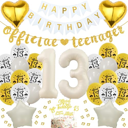 Deko 13. Geburtstag Mädchen Junge - 66 Stück Weiß Gold Offizielle Teenager Party Geburtstagsdeko, Happy Birthday Banner Zahlen Luftballon Glitzer Tortendeko Konfetti für 13 Jahr Kinder von Runyuzi