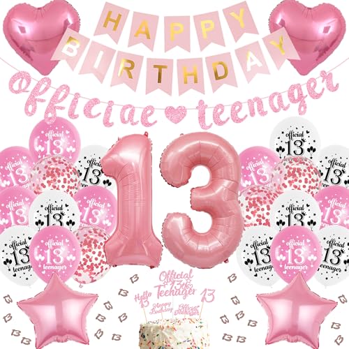 Deko 13. Geburtstag Mädchen Teenager -66 Stück Rosa Offizielle Teenager Party Geburtstagsdeko, Happy Birthday Banner Zahlen Luftballon Glitzer Tortendeko Konfetti für 13 Jahr Kinder von Runyuzi