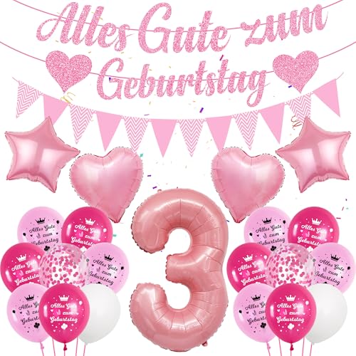 Deko Luftballon 3. Geburtstag Mädchen - Rosa 3 Geburtstag Deko, Alles Gute zum Geburtstag Banner, Zahl Ballon 3, Konfetti Luftballons, Partydeko für Mädchen zum 3 von Runyuzi