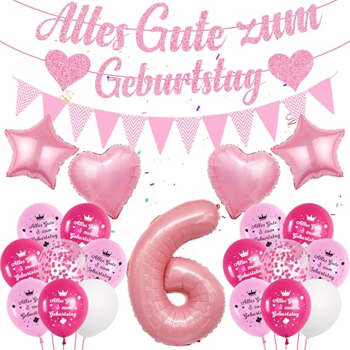 Deko Luftballon 6. Geburtstag Mädchen - Rosa Alles Gute Zum Geburtstag Banner, Zahl Ballon 6, Konfetti Luftballons, Partydeko für Mädchen von Runyuzi