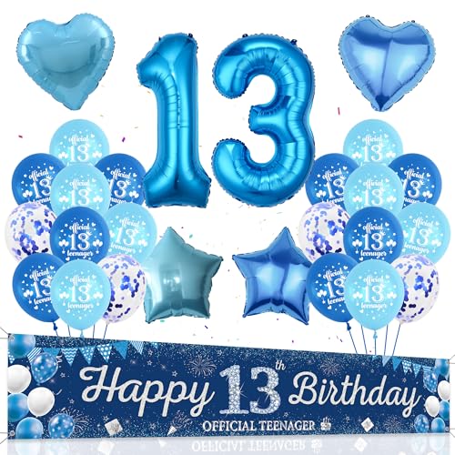 Deko 13. Geburtstag Junge Teenager - 31 Stück Blau 13. Geburtstagsdeko Ballons Zahl 13 Happy Birthday Banner Hintergrund Herz Folienballons Stern Luftballons für 13 jahre Mädchen Party Deko von Runyuzi