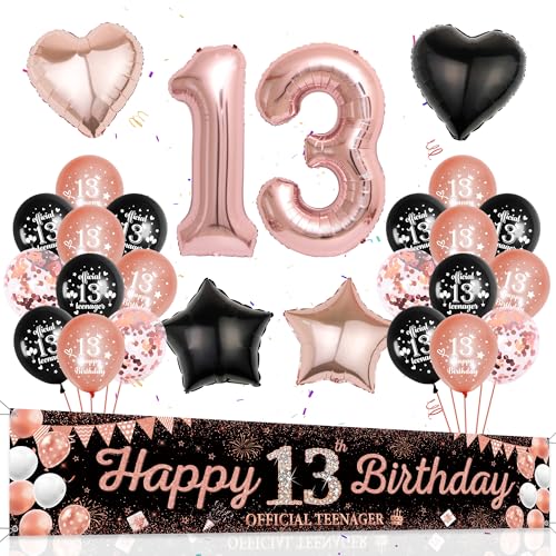 13. Geburtstag Rosegold Dekoration Mädchen - 31 Stück Offizielle Teenager Geburtstagsdeko Folienballons Zahl 13 Happy Birthday Banner Hintergrund Herz Ballons für Frauen 13 Jahr Party Deko Luftballons von Runyuzi