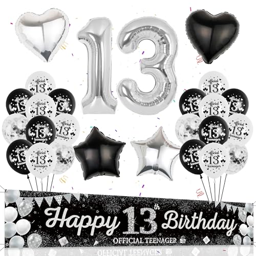 Junge 13. Geburtstagsdeko Schwarz Silber - 31 Stück Offizielle Teenager Dekoration Folienballons Zahl 13 Happy Birthday Banner Hintergrund Herz Ballons für 13 jahre Mädchen Party Deko Luftballons von Runyuzi