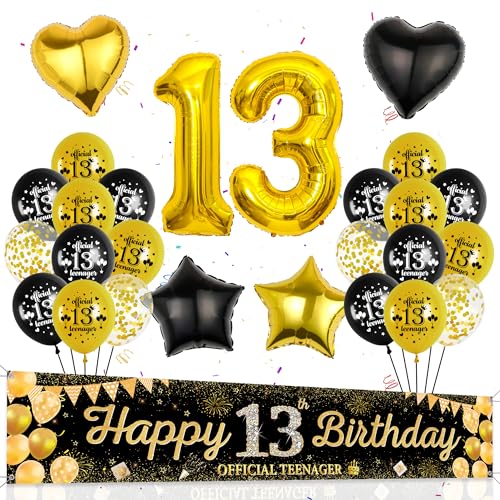 13. Geburtstagsdeko Schwarz Gold Junge - 31 Stück Offizielle Teenager Geburtstag Deko Folienballons Zahl 13 Happy Birthday Banner Hintergrund Herz Ballons Stern Luftballon für 13 jahre mädchen Party von Runyuzi