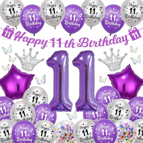 Deko 11 Geburtstag Mädchen Luftballon - Lila Happy 11th Birthday Girlande Banner und Bunte 3D Schmetterlinge, Stern Kronen Riesen Zahl Folienballon für Kinder 11 Jahre Geburtstagsdeko von Runyuzi