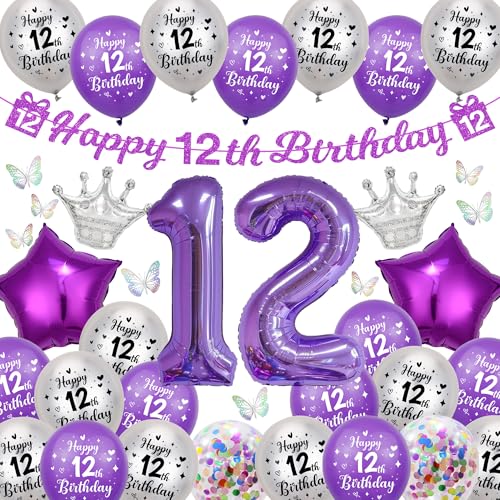Deko 12 Geburtstag Mädchen Luftballon - Lila Happy 12th Birthday Girlande Banner und Bunte 3D Schmetterlinge, Stern Kronen Riesen Zahl Folienballon für Kinder 12 JahreGeburtstagsdeko von Runyuzi