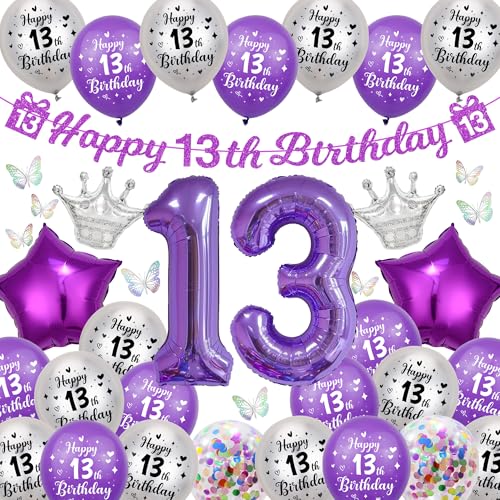 Deko 13 Geburtstag Mädchen Luftballon - Lila Happy 13th Birthday Girlande Banner und Bunte 3D Schmetterlinge, Stern Kronen Riesen Zahl Folienballon für Kinder Geburtstagsdeko 13 Jahre Teenager von Runyuzi
