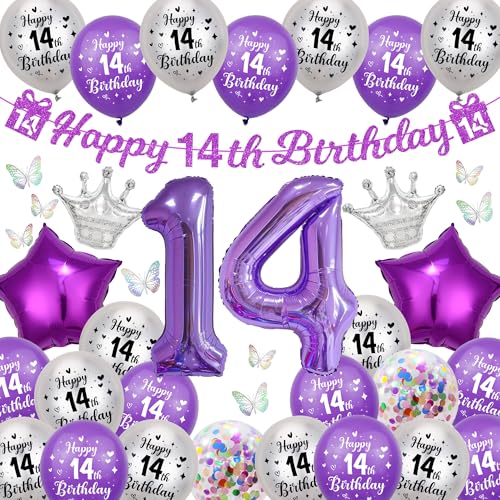 Deko 14 Geburtstag Mädchen Luftballon - Lila Happy 14th Birthday Girlande Banner und Bunte 3D Schmetterlinge, Stern Kronen Riesen Zahl Folienballon für Kinder Geburtstagsdeko 14 Jahre Teenager von Runyuzi