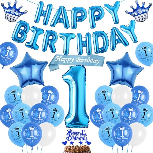 Luftballon 1. Geburtstag Deko Junge Blau, Happy Birthday Banner Ballons XXL Zahl und Stern Kronen Folienballon, Tortendeko Schärpe für Kinder Geburtstagsdeko 1 Jahr Jungen von Runyuzi