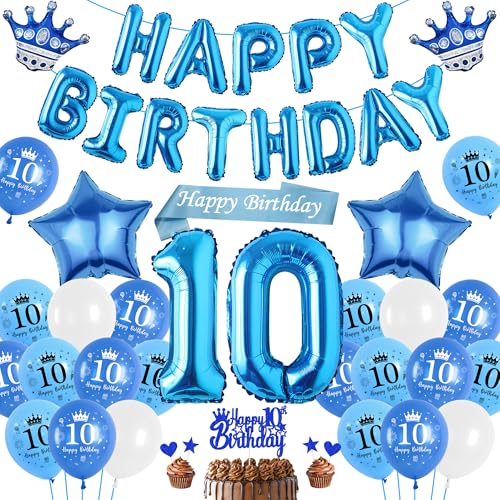 Luftballon 10. Geburtstag Deko Junge Blau, Happy Birthday Banner Ballons XXL Zahl und Stern Kronen Folienballon, Tortendeko Schärpe für Kinder Geburtstagsdeko 10 Jahr Jungen Mädchen von Runyuzi