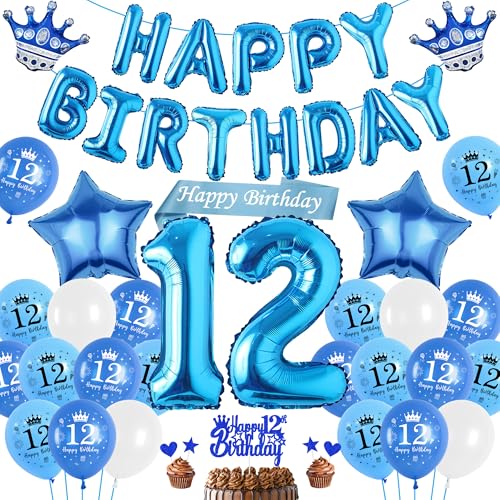 Luftballon 12. Geburtstag Deko Junge Blau, Happy Birthday Banner Ballons XXL Zahl und Stern Kronen Folienballon, Tortendeko Schärpe für Kinder Geburtstagsdeko 12 Jahr Jungen Mädchen Teenager von Runyuzi