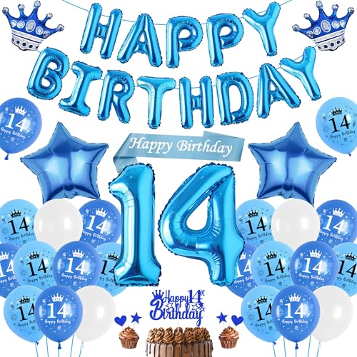 luftballon 14. Geburtstag Deko Junge Blau, Happy Birthday Banner Ballons XXL Zahl und Stern Kronen Folienballon, Tortendeko Schärpe für Kinder Geburtstagsdeko 14 Jahr Jungen Mädchen Teenager von Runyuzi