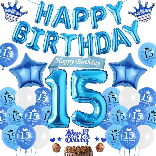 Luftballon 15. Geburtstag Deko Junge Blau, Happy Birthday Banner Ballons XXL Zahl und Stern Kronen Folienballon, Tortendeko Schärpe für Kinder Geburtstagsdeko 15 Jahr Jungen Mädchen Teenager von Runyuzi