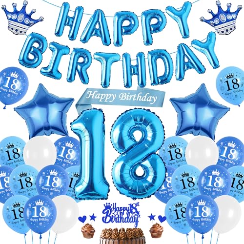 luftballon 18. Geburtstag Deko Junge Blau, Happy Birthday Banner Ballons XXL Zahl und Stern Kronen Folienballon, Tortendeko Schärpe Geburtstagsdeko für 18 Jahr Jungen Mädchen von Runyuzi