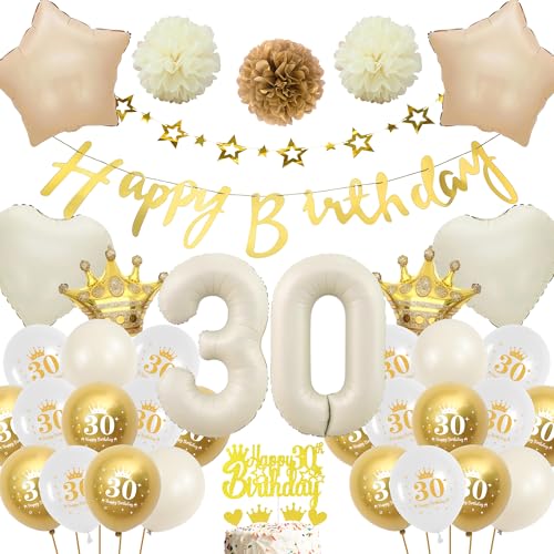 Deko 30 Geburtstag Frauen Männer - Weiß Gold Luftballons Geburtstagsdeko Ballons, Glitzer Happy Birthday Banner Girlande und Creme Weiß XXL Zahl Folienballon Tortendeko für 30 Jahre Party Boho von Runyuzi