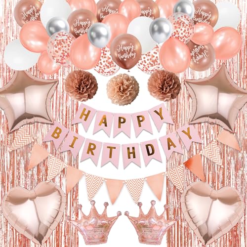Runyuzi Geburtstagsdeko Frau Mädchen Set - Rosegold Geburtstag Deko Happy Birthday Banner Wimpel Girlande, Lametta Vorhang Herzen Sterne Krone Folienballons Konfetti Ballons für Geburtstagsfeier von Runyuzi
