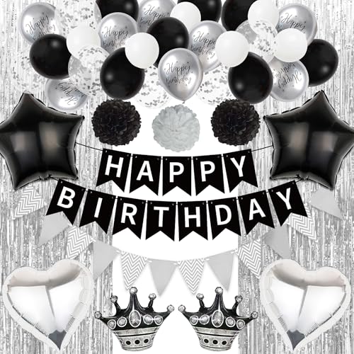 Runyuzi Geburtstagsdeko Schwarz Silber Set - Happy Birthday Banner Wimpel Girlande Geburtstag Deko, Lametta Vorhang Herzen Sterne Krone Folienballons Konfetti Ballons für Junge Mädchen Männer Frau von Runyuzi