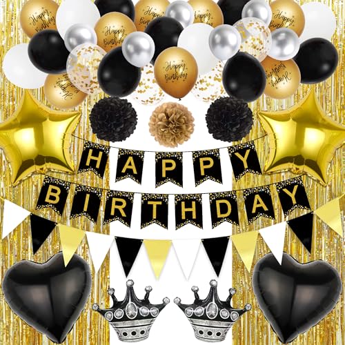 Runyuzi Geburtstagsdeko Schwarz Gold Set - Happy Birthday Banner Wimpel Girlande Geburtstag Deko, Lametta Vorhang Herzen Sterne Krone Folienballons Konfetti Ballons für Junge Mädchen Männer Frau von Runyuzi