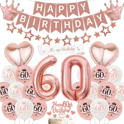 60 Geburtstag Deko Frauen Rosegold Luftballon - 60 Jahre Geburtstagsdeko Happy Birthday Banner und Sternen Girlande, Zahl Sterne Herzform Folienballons Tortendeko Schärpe für Geburtstagsparty von Runyuzi