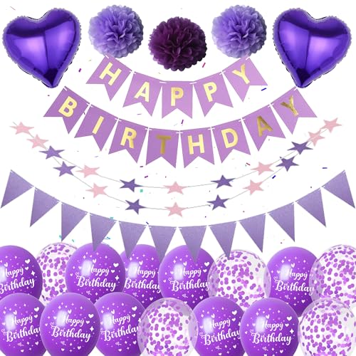 Geburtstagsdeko Luftballons Lila Frauen Mädchen - Happy Birthday Banners mit Wimpel Sternen Girlande Pompons, Konfetti Ballons für Alle Altersgruppen Kindergeburtstag Geburtstags Deko Geburtstagsdeko Luftballons Lila Frauen Mädchen - Happy Birthday Banners mit Wimpel Sternen Girlande Pompons, Konfetti Ballons für Alle Altersgruppen Kindergeburtstag Geburtstags Deko von Runyuzi