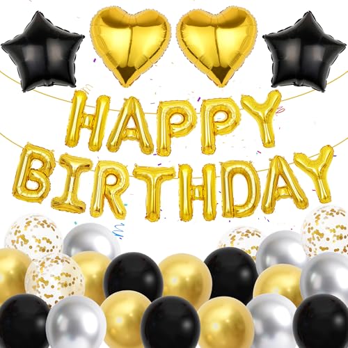 Geburtstag Deko Luftballons Jungen Mädchen, 37 Stücke Happy Birthday Girlande Dekoration Gold für Mann Frauen 16 Zoll Buchstaben Banner, Geburtstagsdeko Herz Ballons für Kinder Erwachsene von Runyuzi
