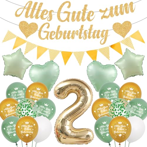 Runyuzi Deko 2. Geburtstag Junge Mädchen - 34 Stücke Geburtstagsdeko 2 Jahre Grün Gold, Sternen Luftballons Glitzer Banner Wimpel für Kindergeburtstag Party von Runyuzi