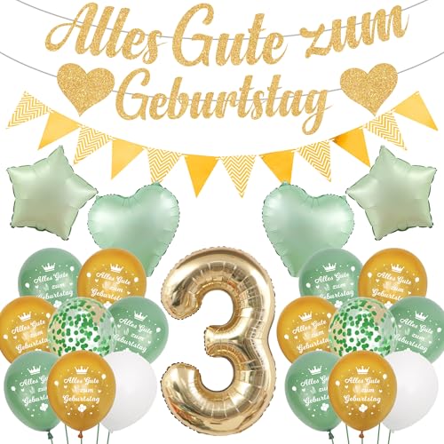 Runyuzi Deko 3. Geburtstag Junge Mädchen - 34 Stücke Geburtstagsdeko 3 Jahre Grün Gold, Herz Luftballons Glitzer Banner Wimpel für Kindergeburtstag Party von Runyuzi