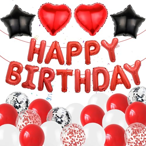 Geburtstag Deko Luftballons Frauen Mann - 37 Stücke Happy Birthday Folienballons Banner Rot Schwarz, 16 Zoll Buchstaben Herz Ballon Girlande Geburtstagsdeko für Kinder Erwachsene Party von Runyuzi