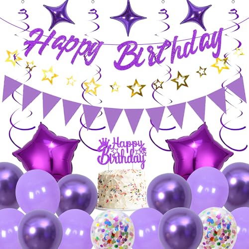 Runyuzi Geburtstagsdeko Luftballons Dekoration Set - Lila Happy Birthday Banners mit Wimpel Sternen Girlande und Kuchendeko, Sternen Folienballons Konfetti Ballons für Geburtstag Deko von Runyuzi