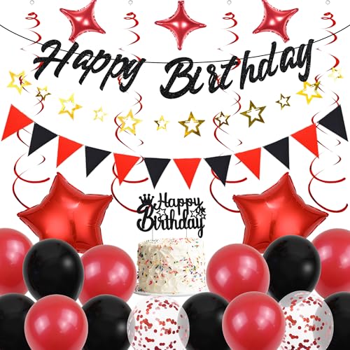 Runyuzi Geburtstagsdeko Luftballons Dekoration Set - Schwarz Rot Happy Birthday Banners mit Wimpel Sternen Girlande Kuchendeko, Sternen Folienballons Konfetti Ballons für alle Altersgruppen Geburtstag von Runyuzi