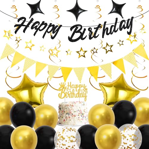 Runyuzi Geburtstagsdeko Luftballons Dekoration Set - Schwarz Gold Happy Birthday Banners mit Wimpel Sternen Girlande Kuchendeko, Sternen Folienballons Konfetti Ballons alle Altersgruppen Geburtstag von Runyuzi