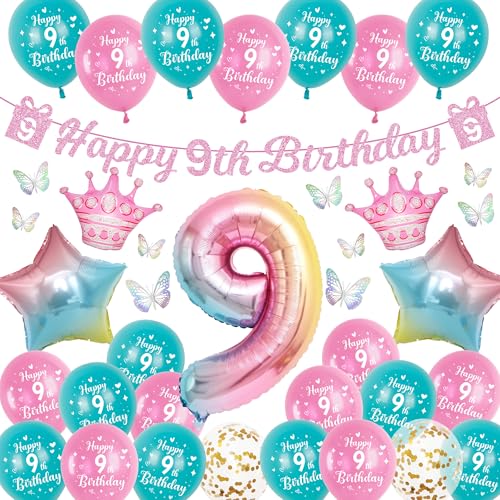 Luftballon Deko 9. Geburtstag für Mädchen - 40 Stück Rosa Geburtstagsdeko Set mit Happy Birthday Girlande, Bunt 3D Schmetterlinge und Zahlenballons für das 9 Jahre Kindergeburtstag Luftballon Deko 9. Geburtstag für Mädchen - 40 Stück Rosa Geburtstagsdeko Set mit Happy Birthday Girlande, Bunt 3D Schmetterlinge und Zahlenballons für das 9 Jahre Kindergeburtstag von Runyuzi