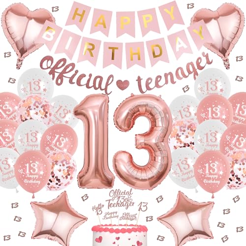Offizielle Teenager 13. Geburtstag Deko - 50 Stück Roségold Party Set Mit Happy Birthday Banner, Folienballons, Kuchendekoration für Mädchen von Runyuzi