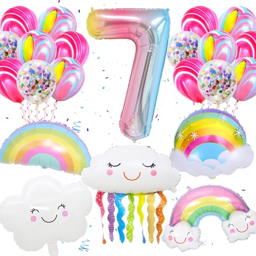 Geburtstags Deko Mädchen 7 Jahre - 21 Stück Regenbogen Deko 7 Jahre Geburtstag Ballons, Regenbogen Folienballons, Farbverlauf Ballon Nr. 7, Lächelnde Quasten Ballon, Für Mädchen 7.Geburtstag Party von Runyuzi