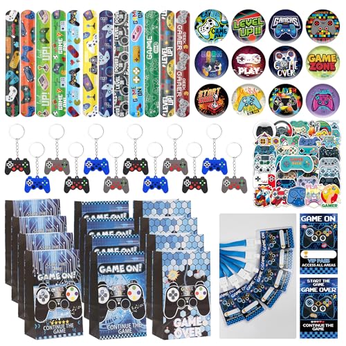 Runyuzi Videospiel Mitgebsel Kindergeburtstag Gastgeschenke - Gaming Party Give Aways für Jungen Blau, Schlüsselanhänger Aufkleber Schnapparmbänder Geschenktüten Pinata Füller von Runyuzi